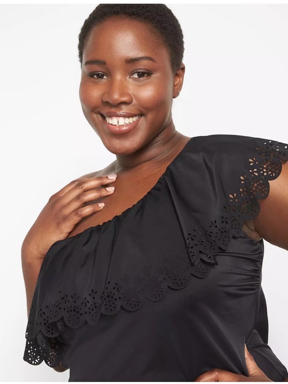 Lane Bryant NWT No-Wire Relaxed Laser Cut One-Shoulder Ruffle Swim Tank Black 18